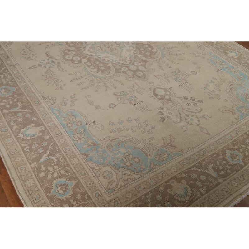 Hand Knotted Oriental 100% Wool Carpet Traditional Floral Beige & Ivories Tabriz Area Rug - 11' 2'' X 7' 7''