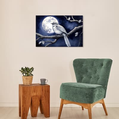 Wynwood Studio Canvas Animals Moonlit little bird Blue and Navy Blue Traditional Wall Art Canvas Print