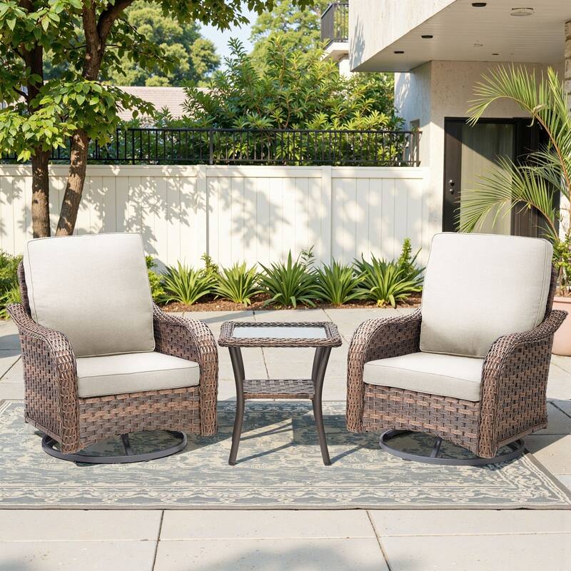 Cavira 3-Piece Brown Wicker Outdoor Patio Swivel Glider Chairs with Side Table