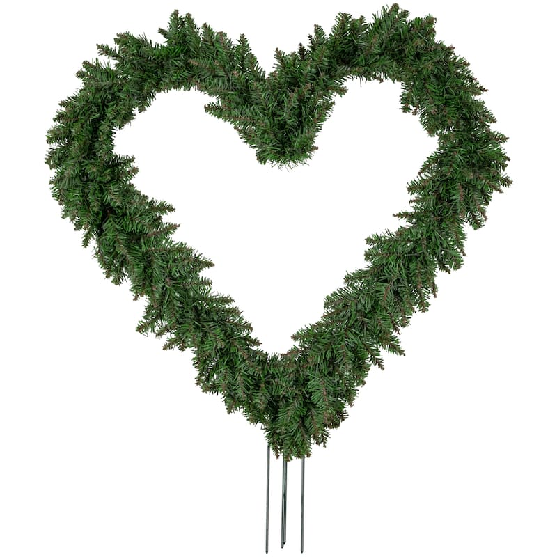 22" Green Pine Artificial Heart Shape Wreath with Ground Stakes Unlit