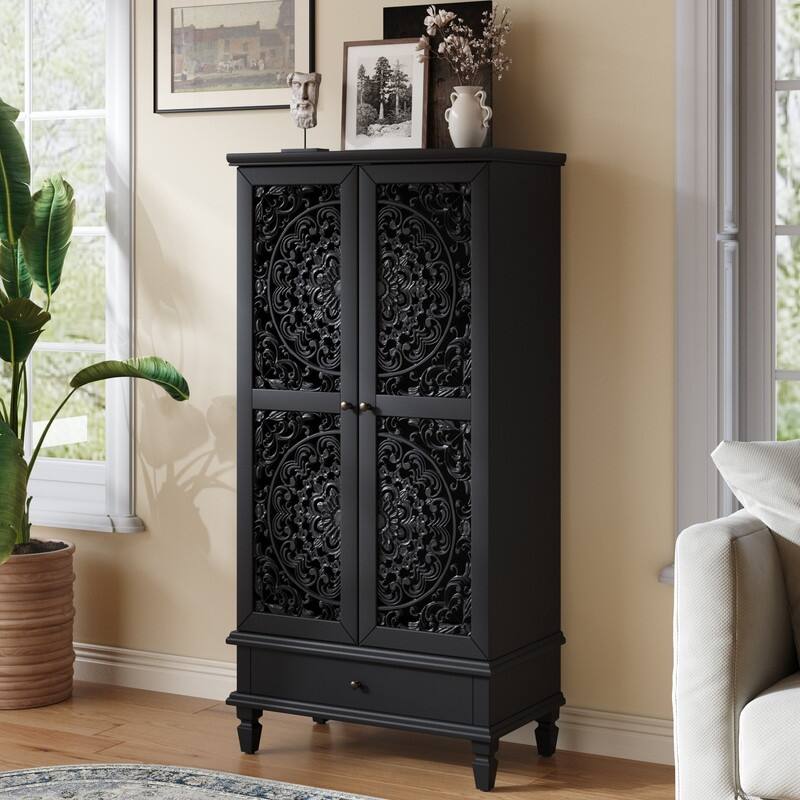 Rustic 55" Tall Storage Cabinet with Drawer, Decorative Carved Wood Accent for Living Room or Dining Area