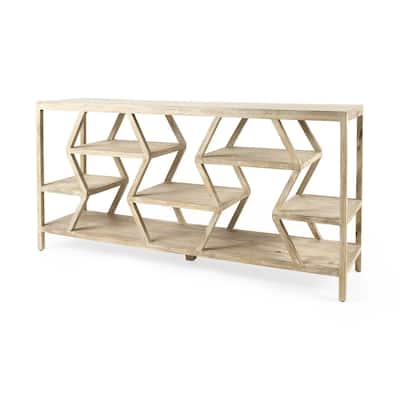 HomeRoots Light Brown Mango Wood Finish Console Table With Multi Level Shelf Design - 16