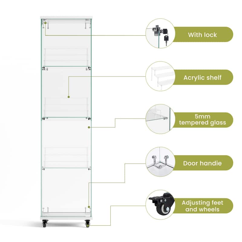 4-Tier Glass Display Cabinet with Lock and Wheels, Single Door Storage Case with 3 Acrylic Shelves for Collectibles and Office