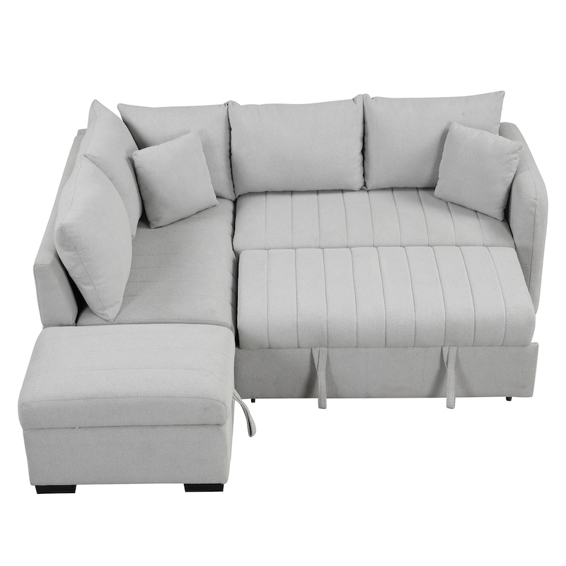 Grey 82.6" L-Shaped 5-Seater Sleeper Sofa with Pull-Out Bed, Storage Ottoman, USB Ports, and Power Outlets