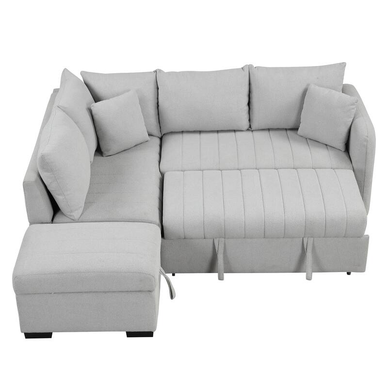 L-Shaped Sectional Sofa with Pull Out Sofa Bed & Storage Ottoman, Convertible Sleeper Sofa with USB Ports & Power Sockets
