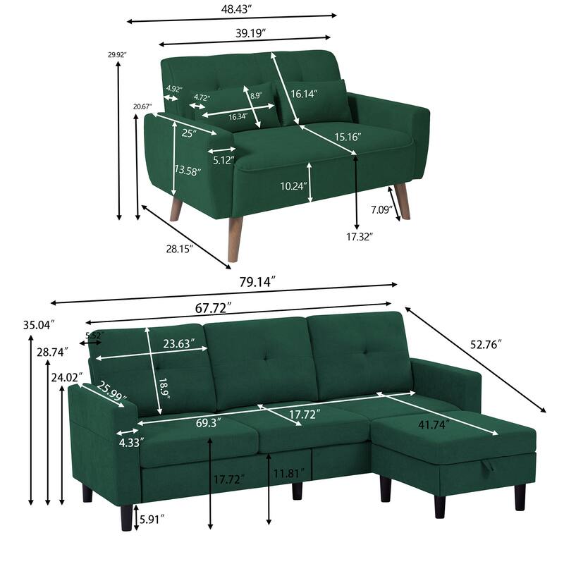 3 Pieces Living Room Set with Storage Ottoman