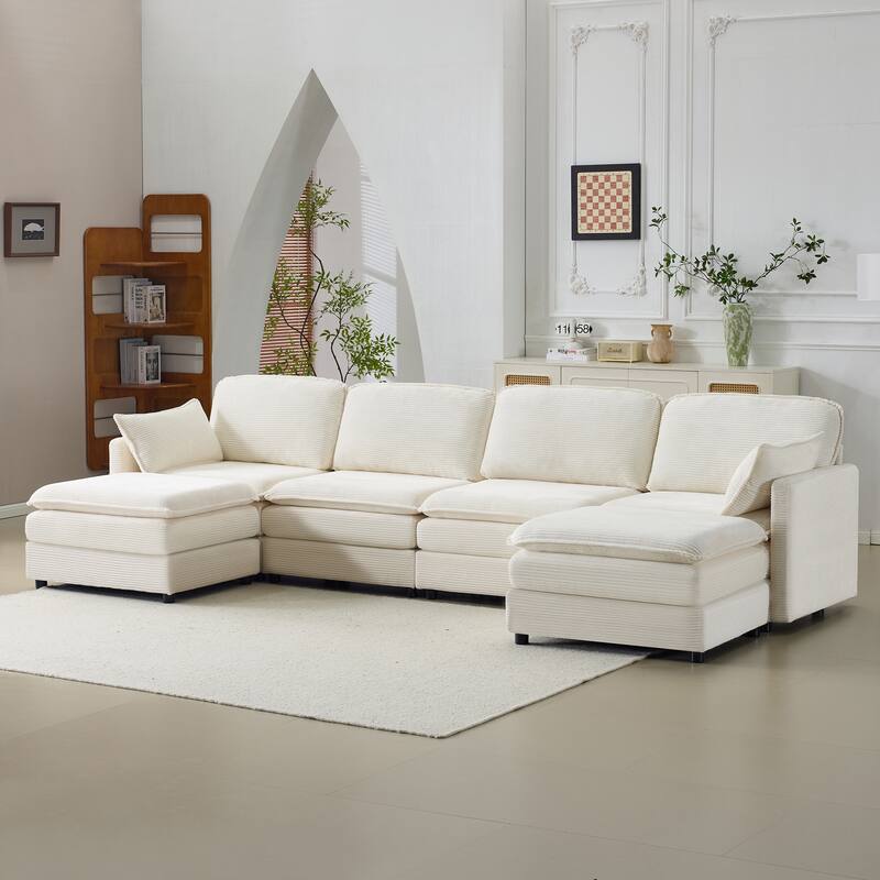 U-Shaped Modular Sectional Sofa with 2 Ottomans, Oversized Corduroy Upholstered Cloud Sofa, 4-Seater Sofa with 2 Throw Pillows