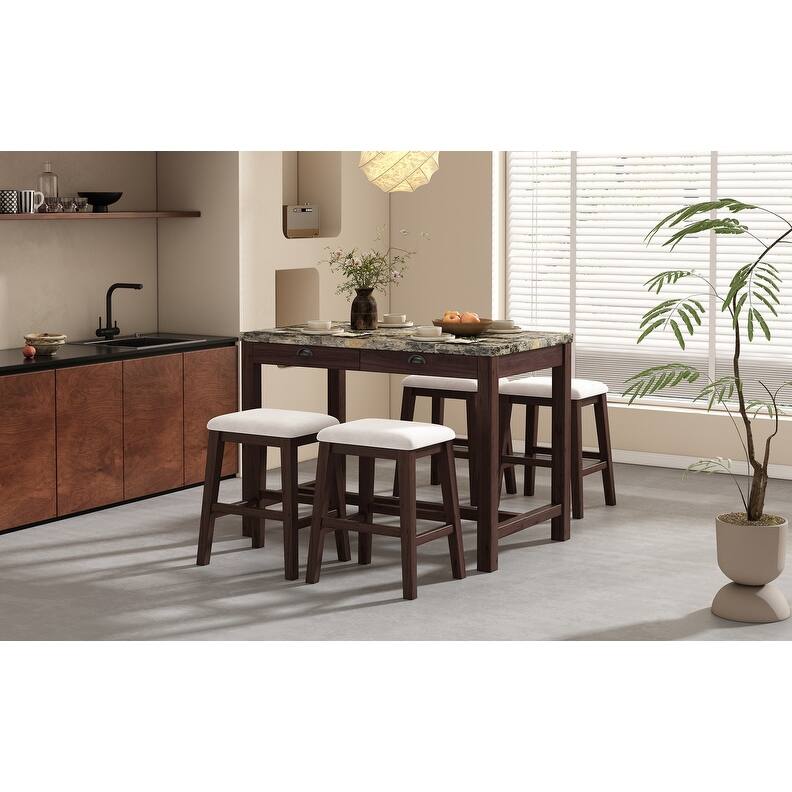 5-Pc Faux Marble Dining Set with 4 Upholstered Chairs and Storage, Walnut