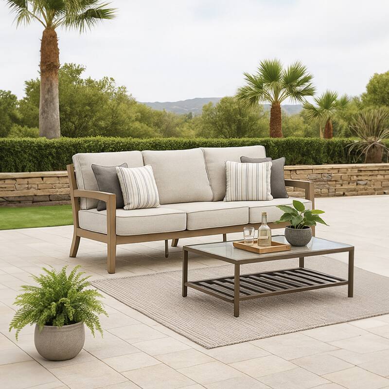Karo Outdoor Sofa, 77 Inch, 4 Accent Pillows, Beige Nuvella Fabric