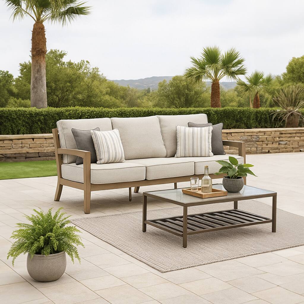Karo Outdoor Sofa, 77 Inch, 4 Accent Pillows, Beige Nuvella Fabric