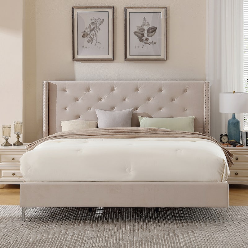 California King Velvet Upholstered Platform Bed Frame - Beige