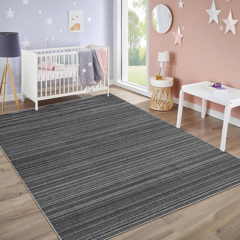 Modern Stripe Machine Washable Area Rug for Bedroom, Living Room, Black - 1'6" x 2'6" - Black 8' x 10'