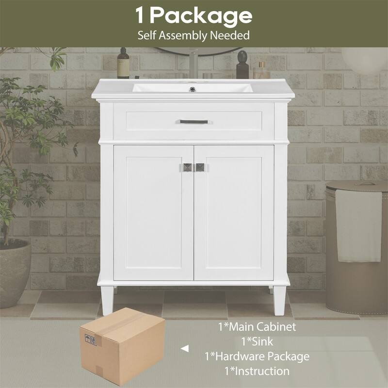 30'' Bathroom Vanity with Ceramic Sink Top, Freestanding Bathroom Vanity Cabinet with 2 Soft Close Doors and Adjustable Shelves