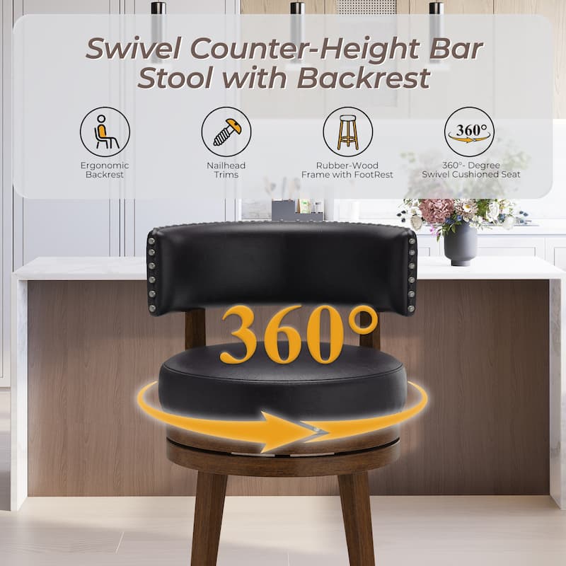 360-Degree Swivel Counter Height Bar Stool with Backrest Rubberwood Frame