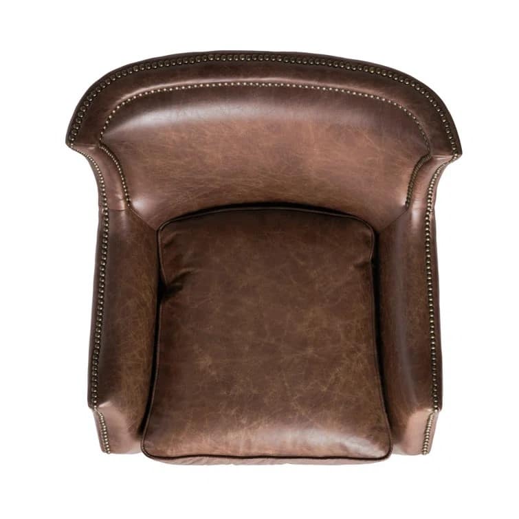 Brown Modern 29.25" Genuine Leather Upholstered Accent Chair with Rubber Wood Legs and Nailheads for Living Room