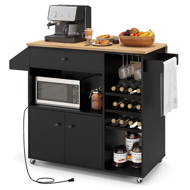Gymax Kitchen Island Cart w/ Drop-Leaf & Power Outlet Microwave Shelf - Black