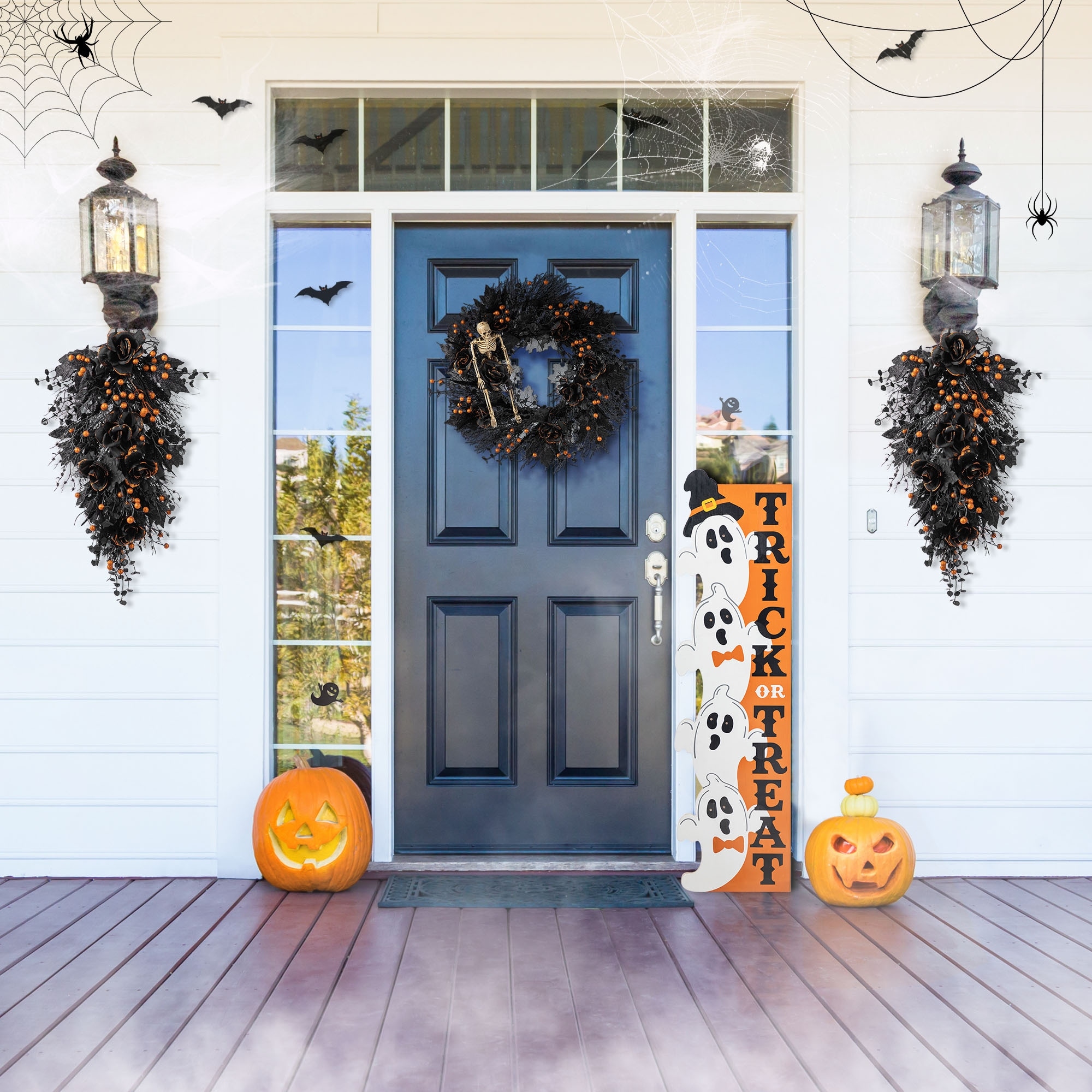 Glitzhome Halloween Black Rose Skeleton & Berry Wreath or Teardrop Swag