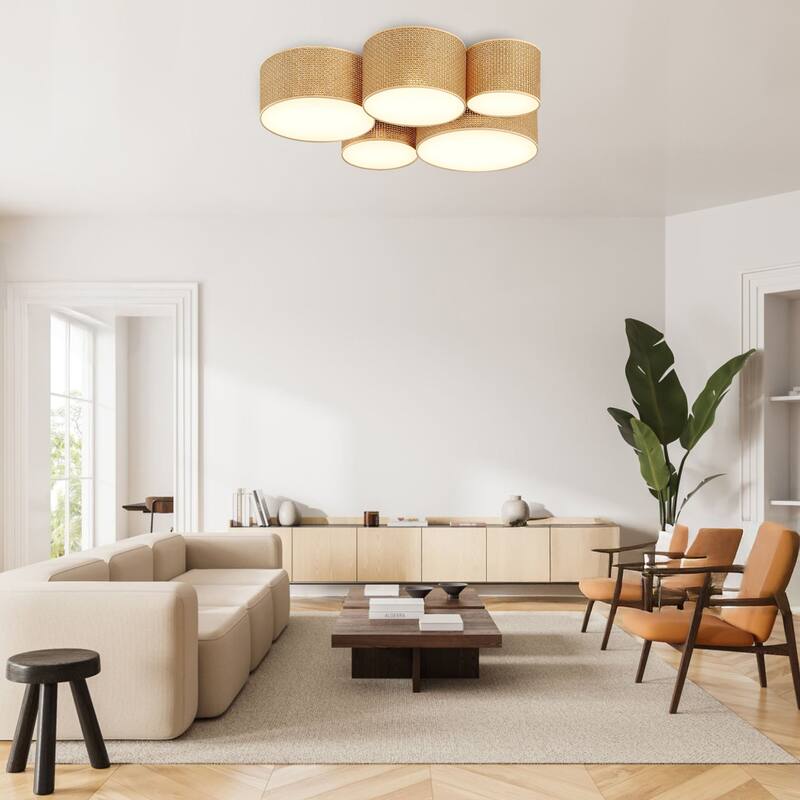 GetLedel Hand Woven Drum Flush Mount Ceiling Light