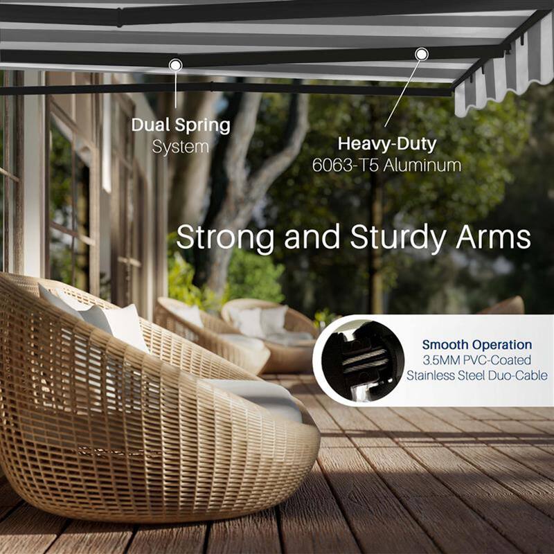 ALEKO Caribbean Motorized Retractable Patio Awning - Black Frame - Seagull Gray & White Striped - 13 x 10 Feet