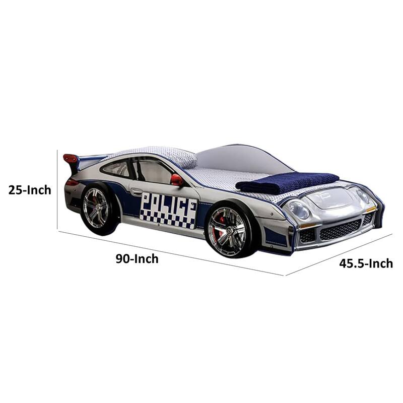 Peri Twin Size Kids Bed with Realistic Police Car Design, White, Blue