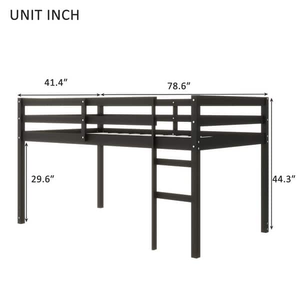 dimension image slide 3 of 5, Solid Rubber Wooden Twin Loft Bed with Ladder