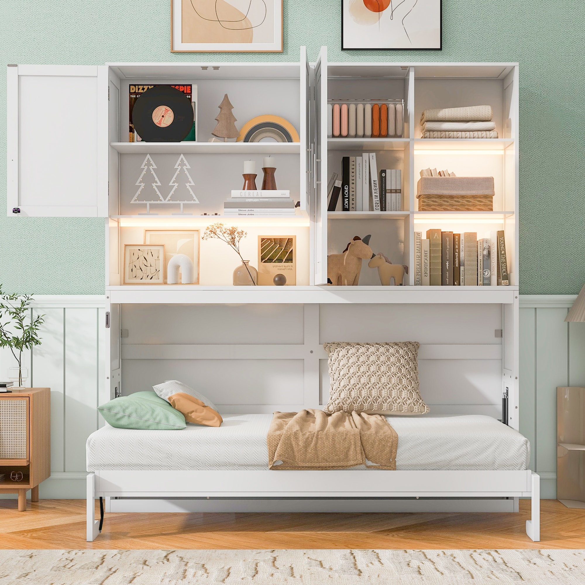 Twin Size Wall Murphy Bed with Top Cabinet, Shelves, Light and USB Ports