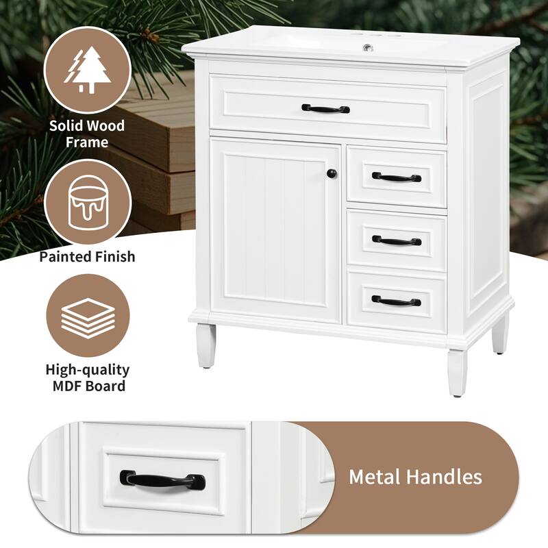 30 Inch Bathroom Vanity with Ceramic Sink Top, Flip Drawers, Freestanding Storage Cabinet (Faucet Not Included)