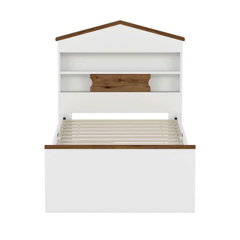 Playful House-Shaped Twin Bed with Storage Drawers and Headboard Shelf, Perfect for Kids' Bedrooms