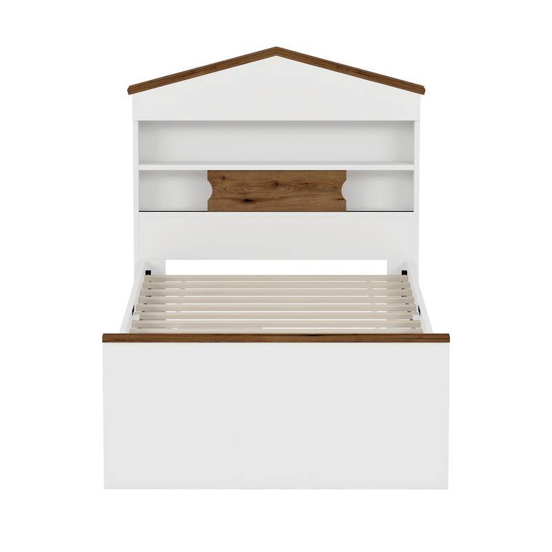 Twin Size Wood Platform Bed with Storage Shelf , Built-in Two Storage Drawers