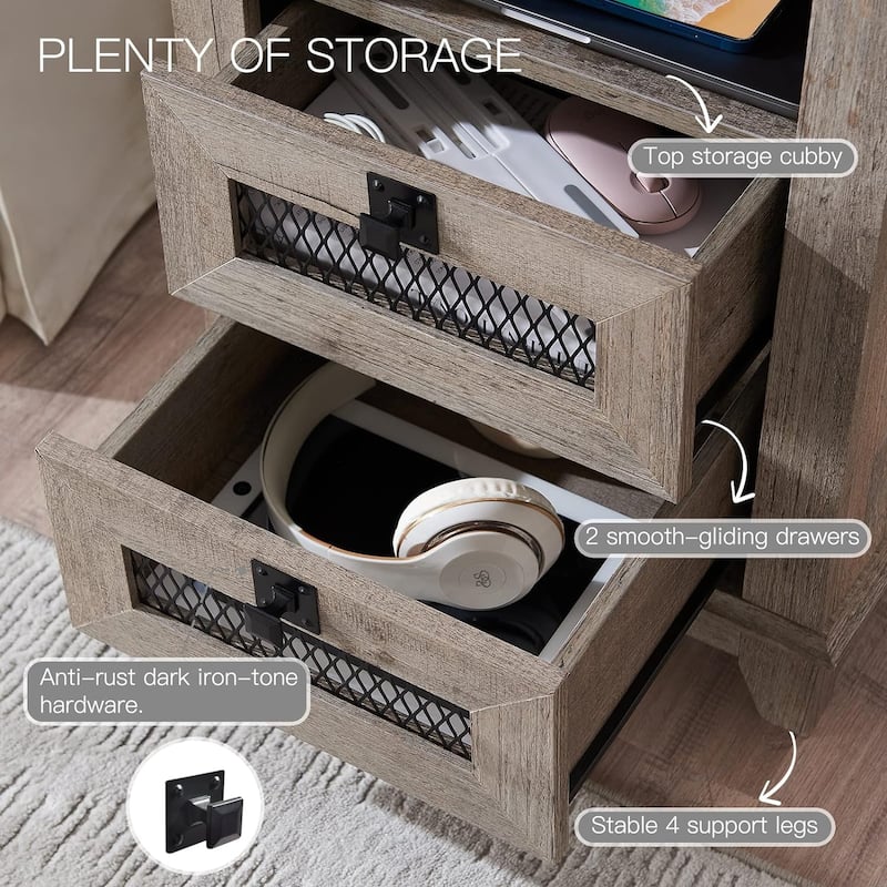 Farmhouse Nightstand Set of 2 with Charging Station, End Table