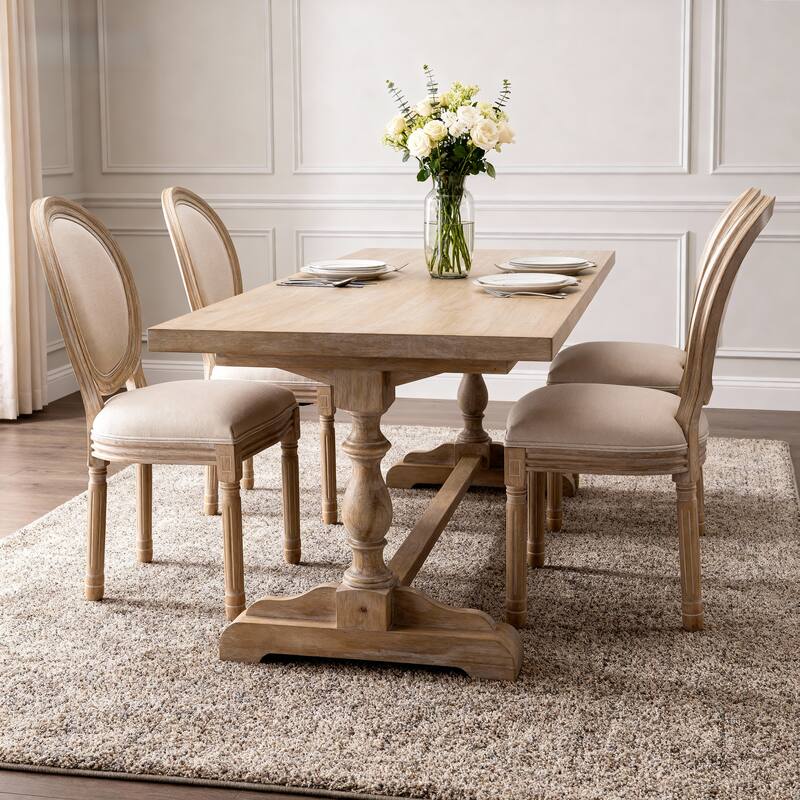 French Style Solid Wood Frame Linen Fabric Oval Back Dining Chair, Set of 2