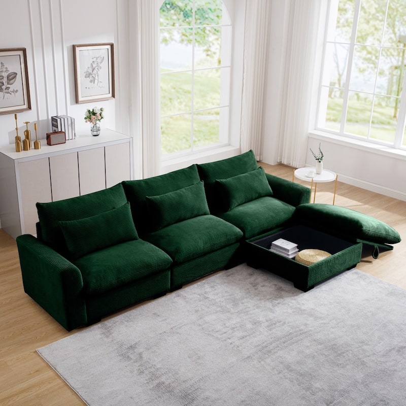 122" Modular Corduroy Sectional Sofa with Storage Ottoman for Living Room