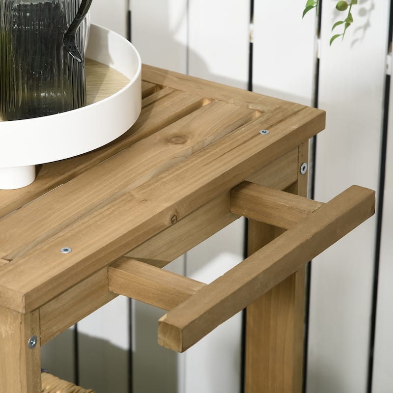 Outsunny Outdoor Bar Cart, Wood Rolling Home Bar & Serving Cart with 2 Shelves, Wine Bottle Holders for Garden