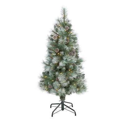 4ft. Frosted Tip Pine Artificial Christmas Tree with 100 Clear Lights, Cones & 228 Branches - Petite Winter X-Mas Accent
