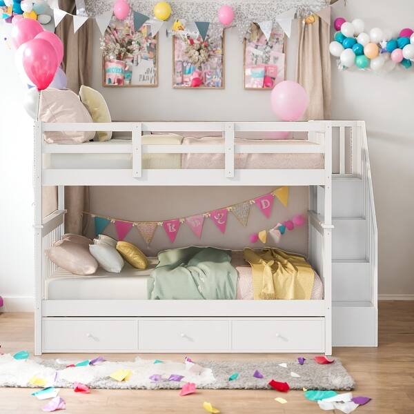 slide 2 of 28, Full-Over-Full Stairway Wood Bunk Bed with Drawer,With Set Of Stairs,Storage and Guard Rail for Bedroom,White Walnut