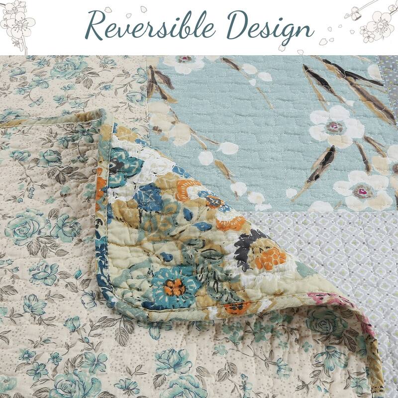 Cozy Line Sky Blue Floral Patens Ogee Patchwork Cotton Quilt Bedding Set