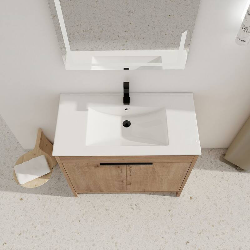 24", 30", 36" Freestanding Bathroom Vanity with White Ceramic Sink & Soft-Close Doors