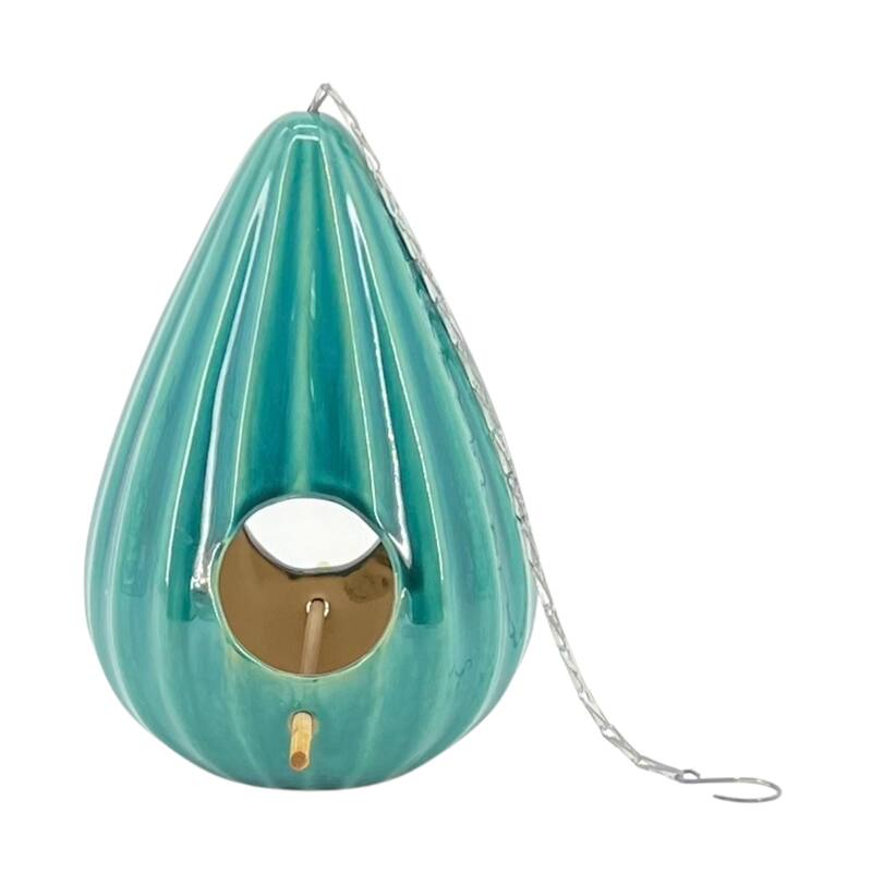 Ceramic 10-Inch Teardrop Ruffled Birdhouse - Green
