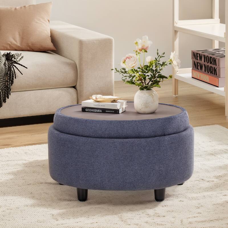 Fabric Storage Ottoman with Tray Lid - Footrest & Hidden Storage for Living Room​