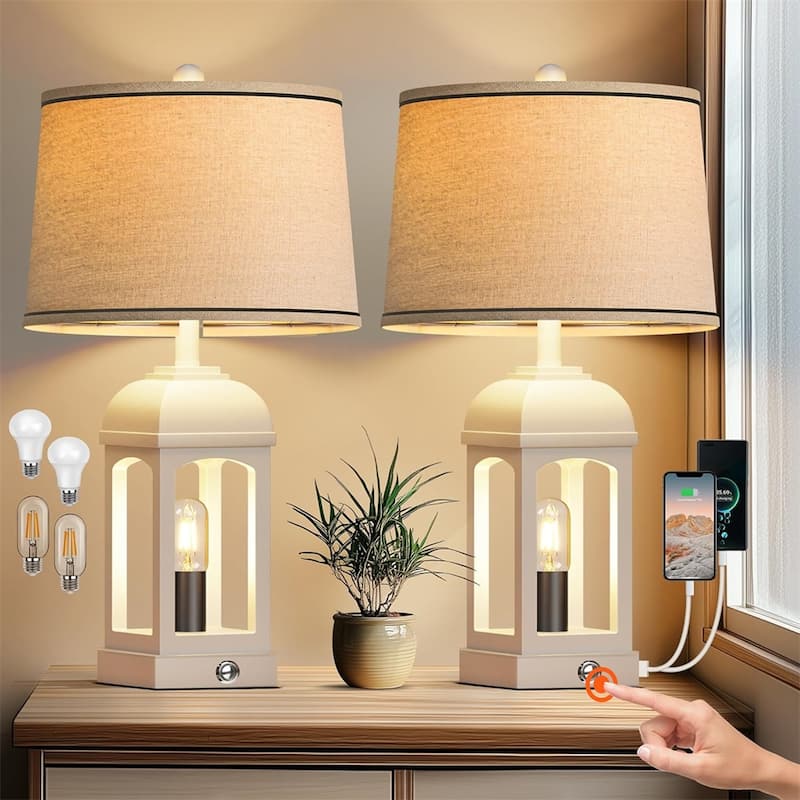 26" Table Lamp,Farmhouse Lamps Set of 2 with USB A+C and Nightlight