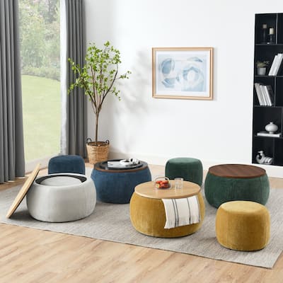 Round Storage Ottoman, 2 in 1 Function, Work as End table and Ottoman,with small seat