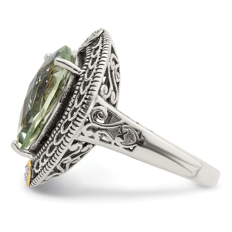 Curata 925 Sterling Silver Polished Prong set Open back With 14k Diamond and Green Quartz Ring