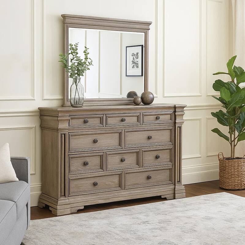 Blaie Wide Dresser, 10 Drawer, 68 Inch Taupe Brown Solid Hardwood