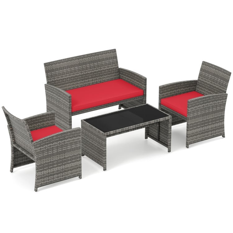 4 Piece Outdoor Patio Furniture Set Mix Gray PE Rattan Loveseat Armchairs and Tempered Glass Coffee Table with Cushions