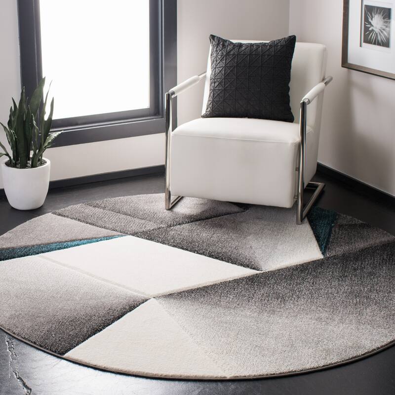 SAFAVIEH Hollywood Nandita Mid-Century Modern Abstract Rug - 6'7" Round - Grey/Teal
