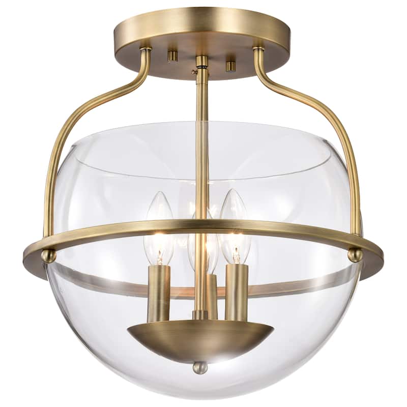 Amado 3 Light Semi Flush Mount - Vintage Brass Finish - Clear Glass - Vintage Brass