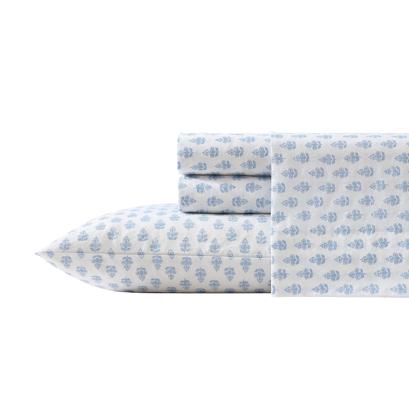 Laura Ashley Printed Cotton Percale Sheet Set - Queen - Francesca Blue