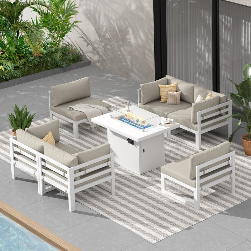 FINCATI Modern 7 Piece White Aluminum Outdoor Furniture Set with Propane/Natural Gas Firepit Table