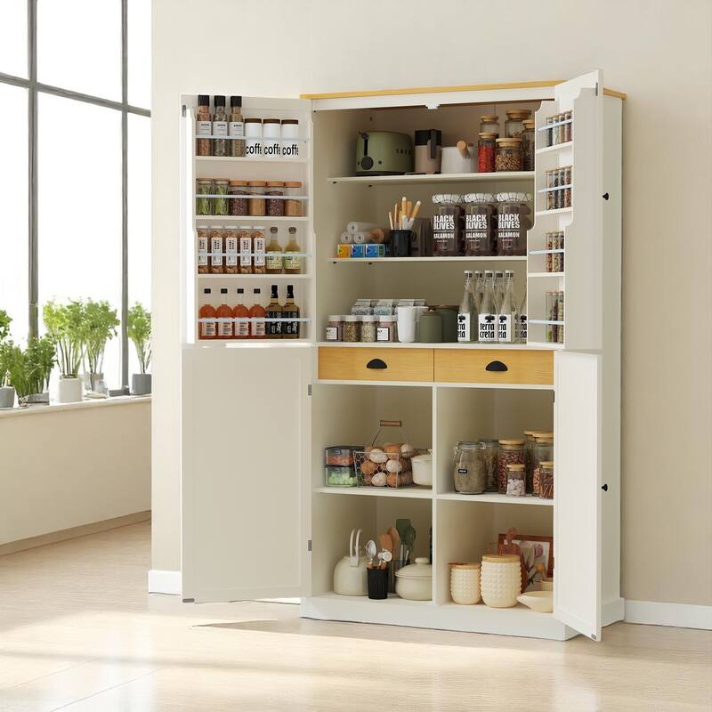 40.2" Wide Freestanding Kitchen Pantry with Adjustable Shelves, 2 Drawers, 8 Door Racks, White MDF Storage Cabinet