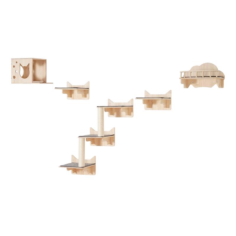Wall Mounted Cat Shelves, Cat Wall Shelves and Perches with Jumping Boards, Hammock, Sofa, Cat Tree & Cat Grip - 5 set - E0-grade pine wood